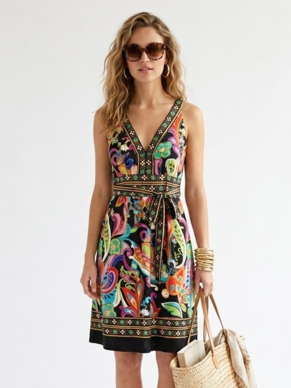 Beige by ECI Satin Boho Print Dress NWT Size 4 Colorful Paisley V-Neck